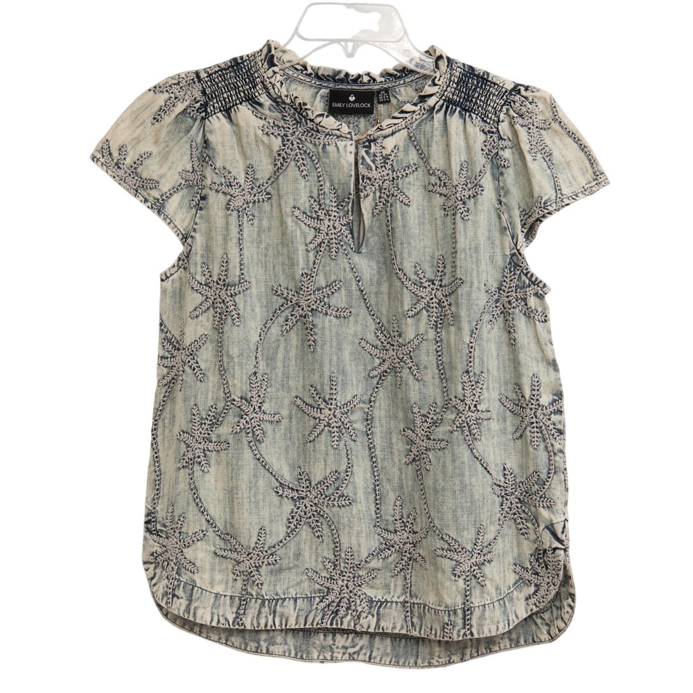 Emily Lovelock Ruffle Top NEW Sz XS Embroidered Palm Tree Boho Chic Acid Wash